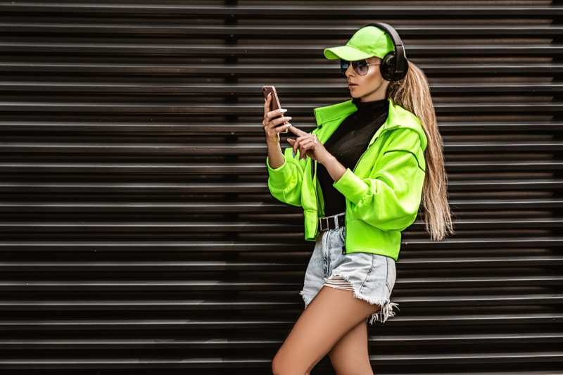 Model Green Baseball Cap Jacket Denim Shorts Sporty Outfit