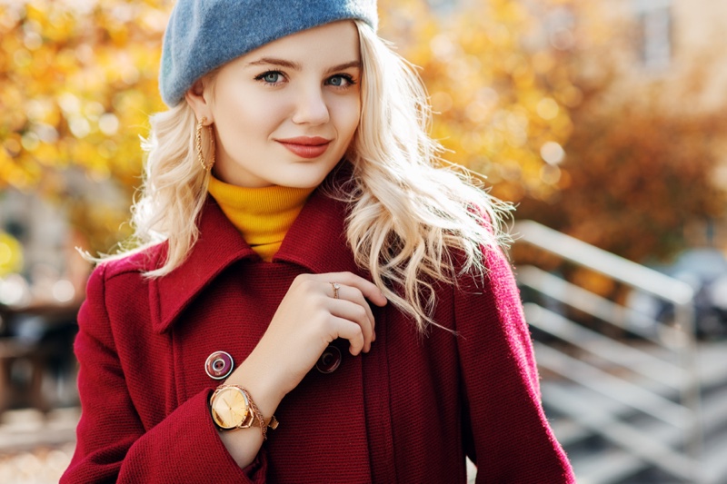 Model Smiling Blonde Gold Watch Autumn Fashion