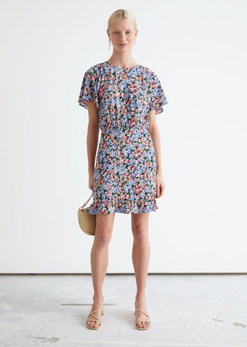 & Other Stories Batwing Sleeve Ruffle Mini Dress in Blue Florals $69