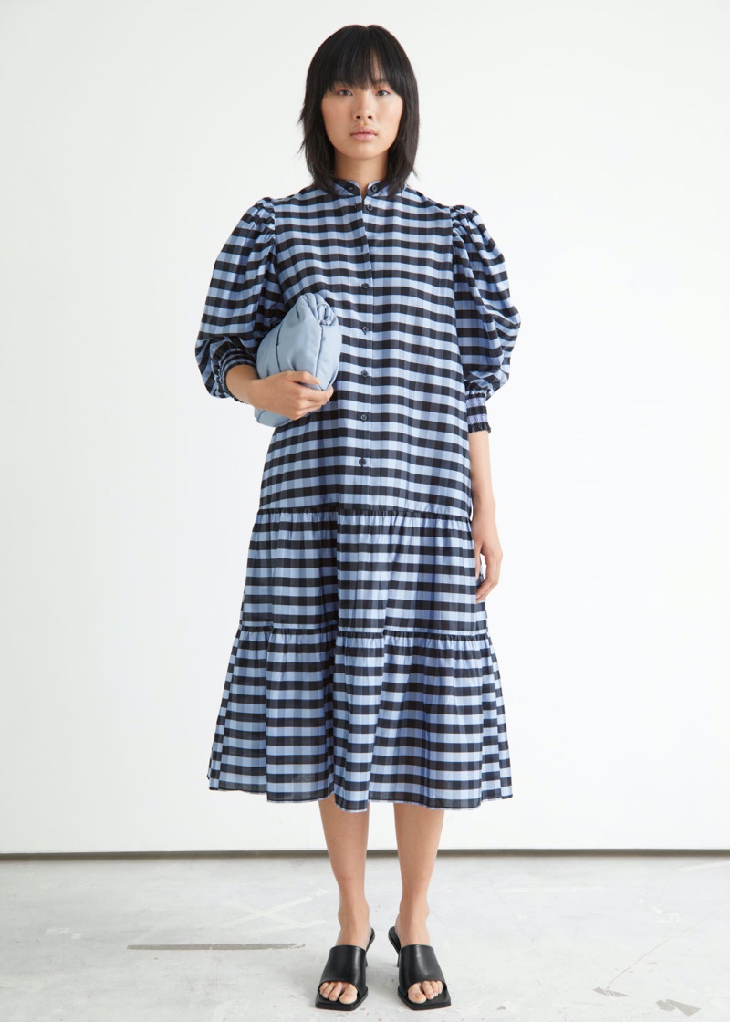 & Other Stories Wide Tiered Puff Sleeve Midi Dress in Blue Checks $129