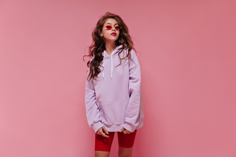Purple Hoodie Red Biker Shorts Casual Sporty Outfit
