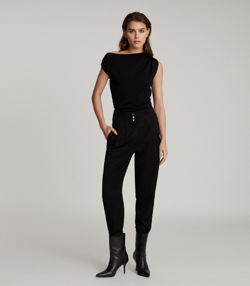 REISS Mila Asymmetric Fine Knit Top in Black $180