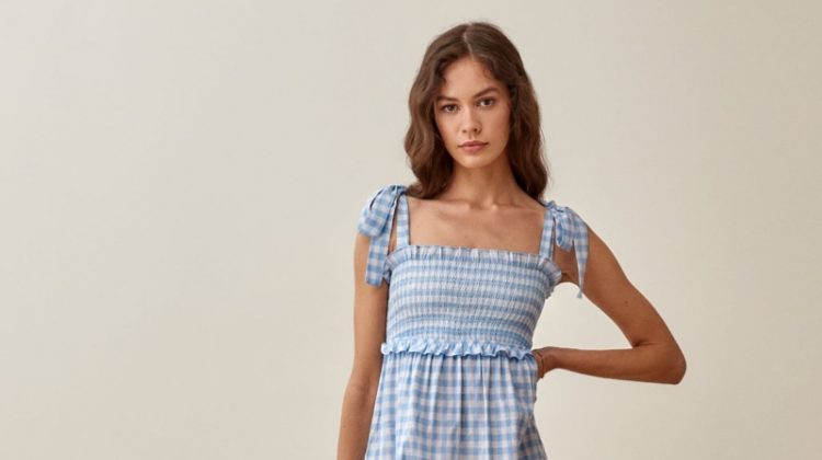 Reformation Dawson Dress in Baby Blue Gingham $198