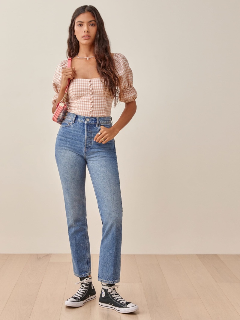 Reformation Norton Linen Top in Blush Check $148