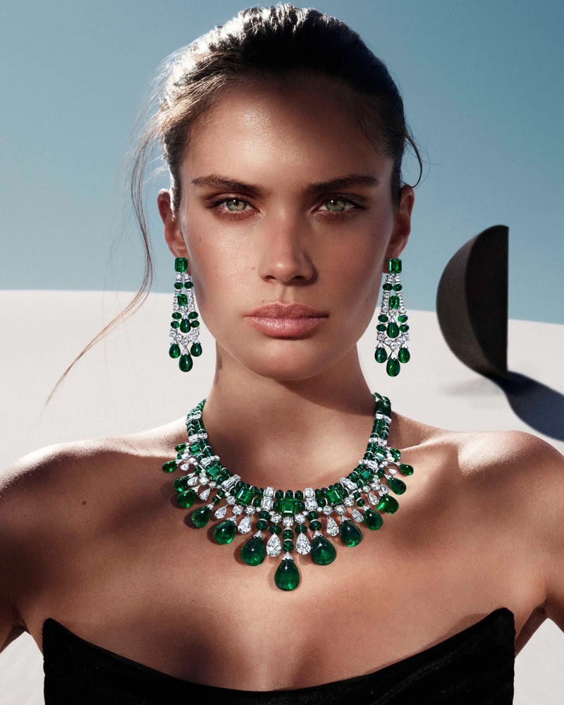 Sara Sampaio poses in emeralds and diamonds for Graff Tribal jewelry campaign.