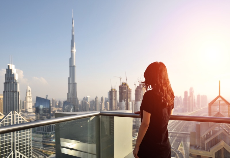 Skyscraper Dubai Woman Looking Back