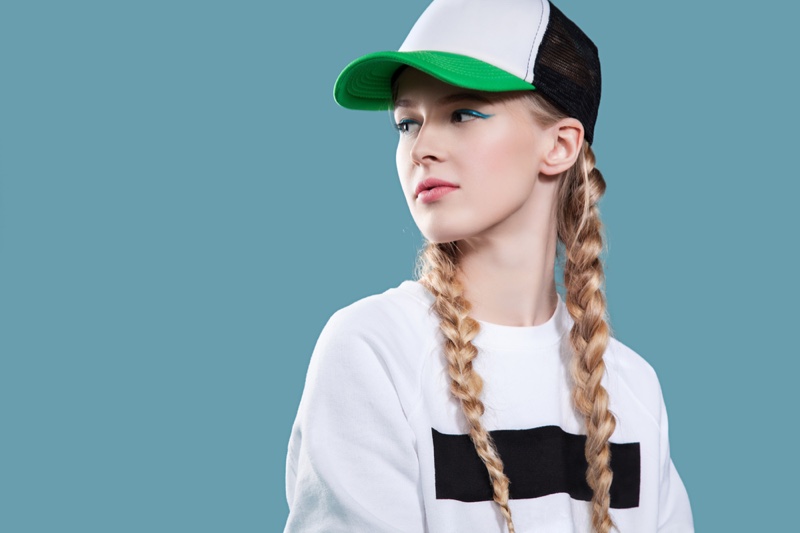 Stylish Blonde Model Pigtails Colorblock Baseball Cap