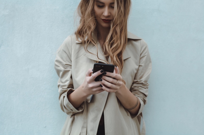 Stylish Woman Phone Tan Trench Coat