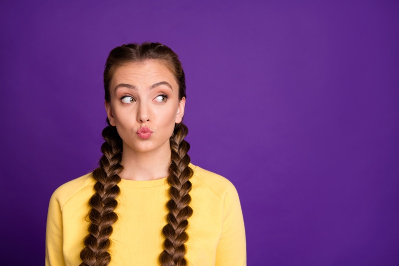 Woman Braided Pigtails Yellow Top Funny Expression