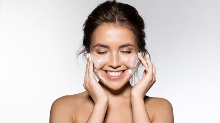 Woman Smiling Washing Face Beauty Skincare