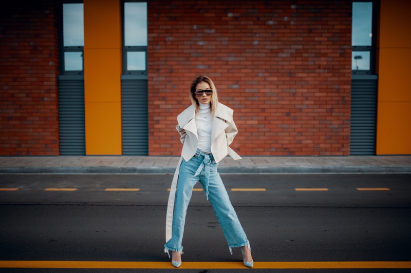 Woman Street White Leather Jacket Blue Jeans Outfit