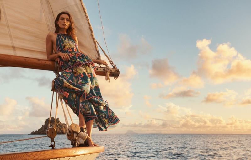 Setting sail, Andreea Diaconu poses for Zimmermann Swim summer 2021 campaign.