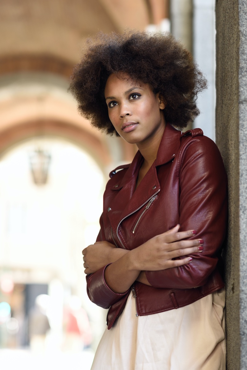 Afro Hair Model Red Leather Jacket Oversized Shirt