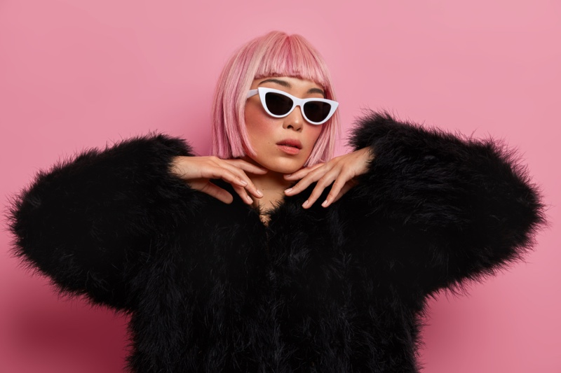 Asian Model Pink Bob Wig Bangs Faux Fur Jacket