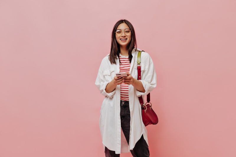 Asian Woman Long Buttonup Shirt Striped Tee Outfit