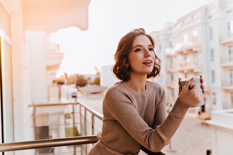 Attractive Woman Coffee Cup Balcony