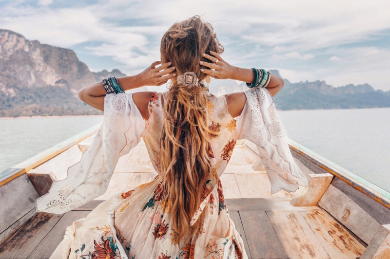 Back of Woman Boho Dress Flutter sleeves