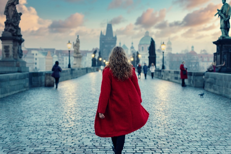 Back Woman Red Coat Prague Charles Bridge