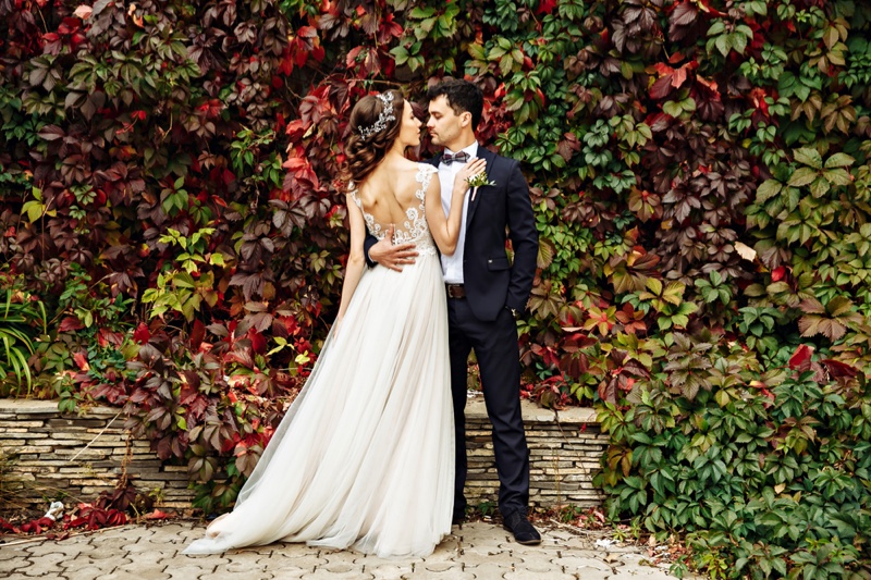 Bride Groom Wedding Outdoors Fashion Leaves