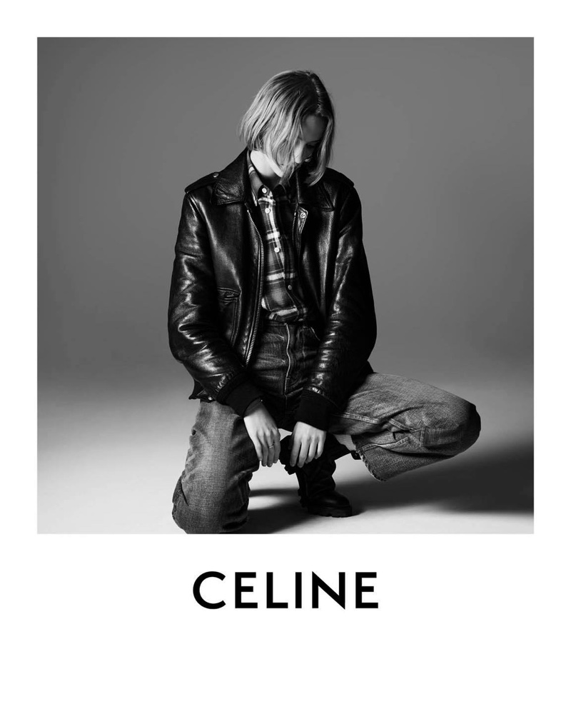 Quinn Mora wears leather jacket in Celine Les Grand Classiques campaign.