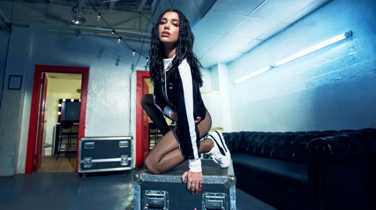 Posing backstage, Dua Lipa fronts PUMA Mayze sneaker campaign.