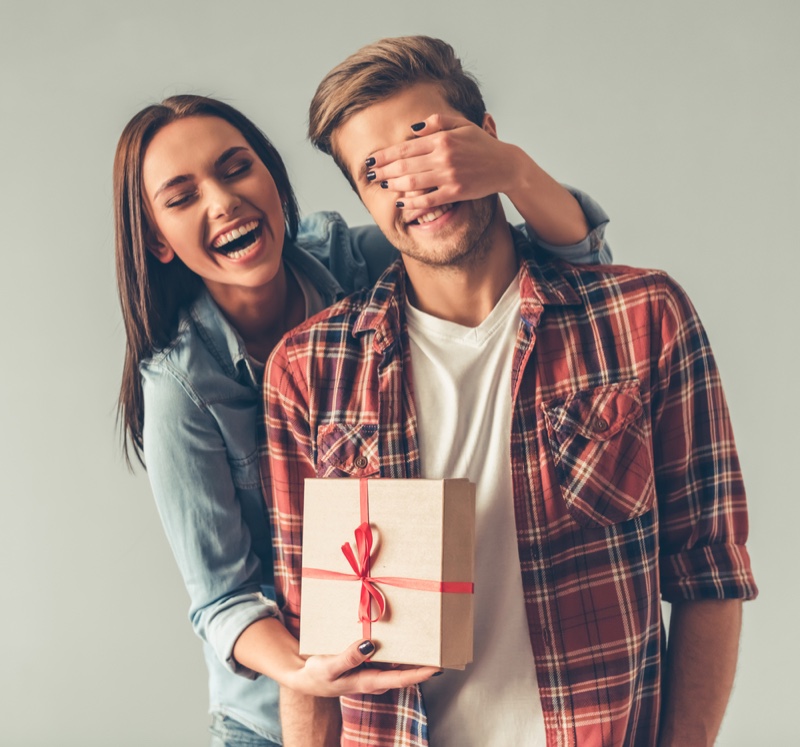 Girlfriend Gifting Boyfriend Box Covered Eyes