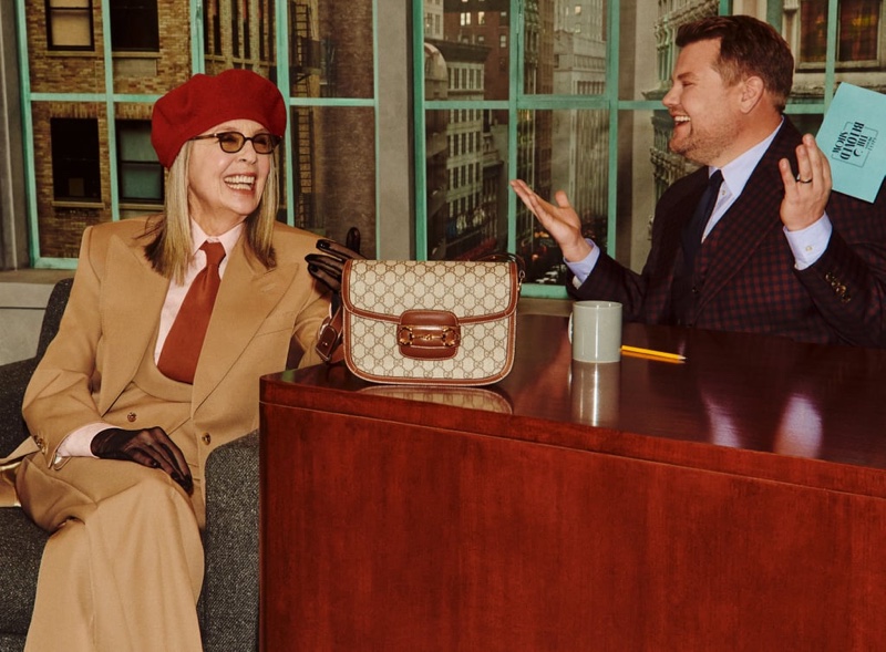 Diane Keaton appears in Gucci Beloved Talk Show handbag campaign.