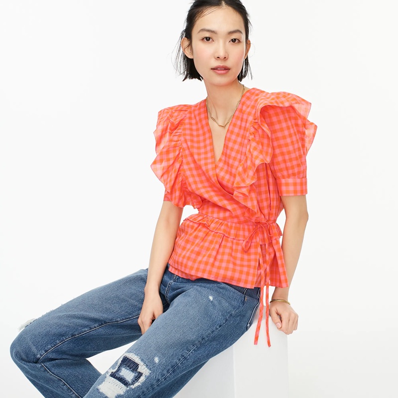 J. Crew Ruffle Wrap Top Orange Pink $98