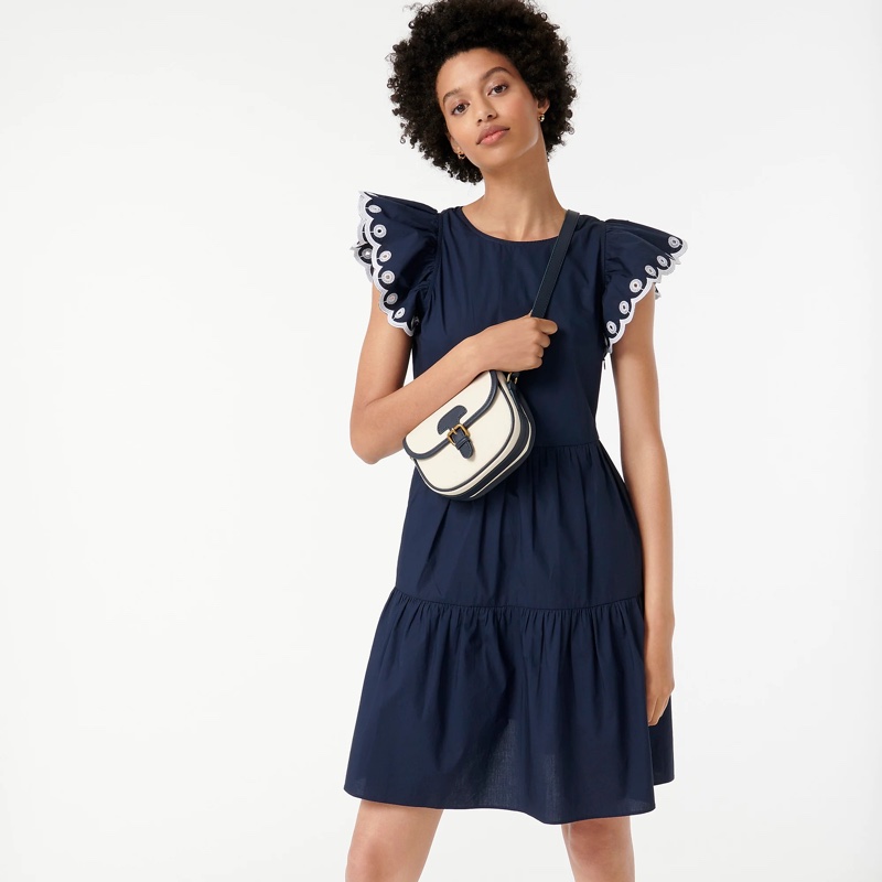 J. Crew Tiered Embroidered Ruffle-Sleeve Dress in Navy $138