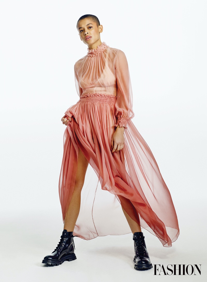 Looking pretty in pink, Jordan Alexander wears Alexander McQueen outfit.