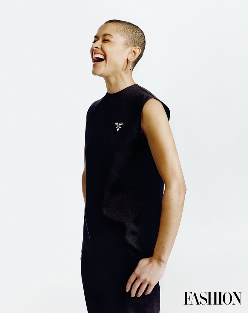 Jordan Alexander wears Prada top and pants with Jenny Bird earrings.