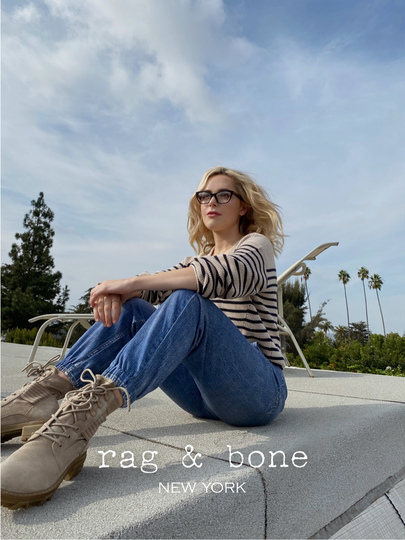 Looking casual, Kiernan Shipka wears Rag & Bone Eyewear's spring-summer 2021 collection.