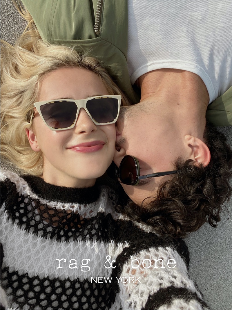 Kiernan Shipka and Gavin Leatherwood cuddle up in Rag & Bone Eyewear spring-summer 2021 project.