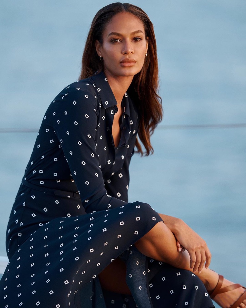 Model Joan Smalls poses in Lauren Ralph Lauren print crepe shirtdress.