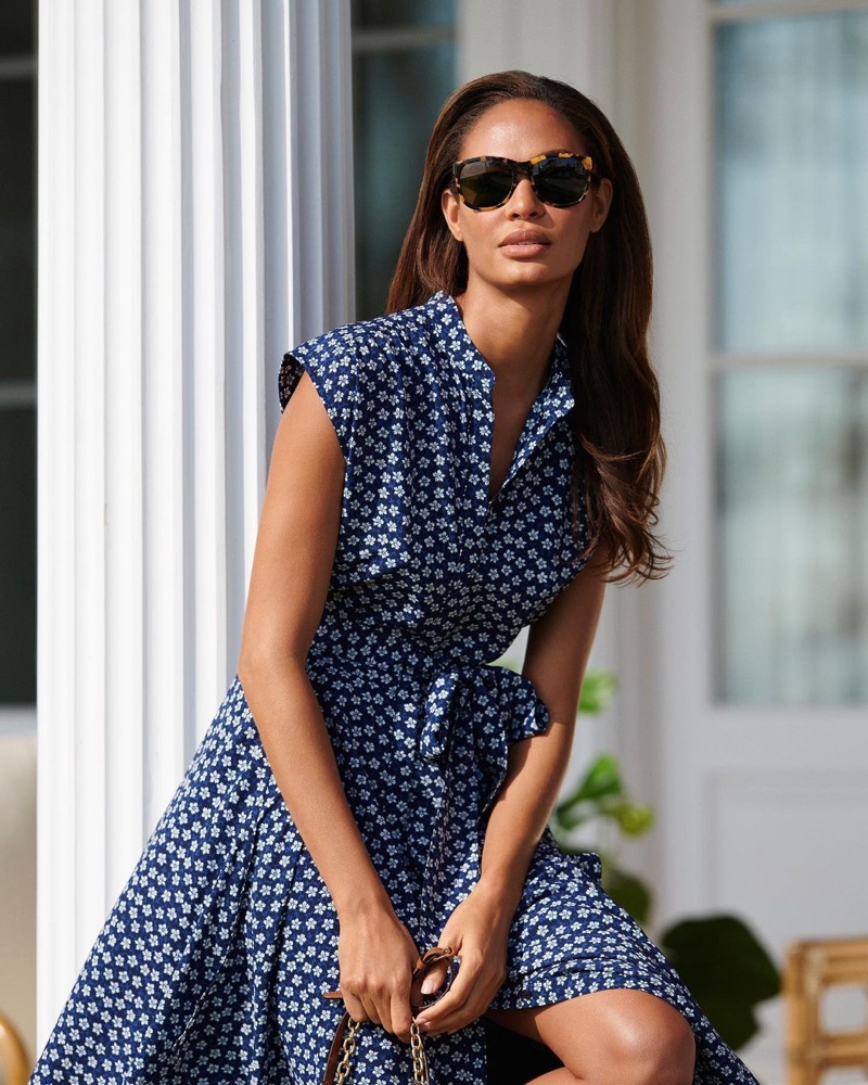 Joan Smalls wears floral crepe shirtdress from Lauren Ralph Lauren spring 2021 collection.