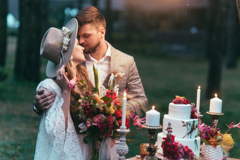 Loving Wedding Couple Cake Candle Outdoors