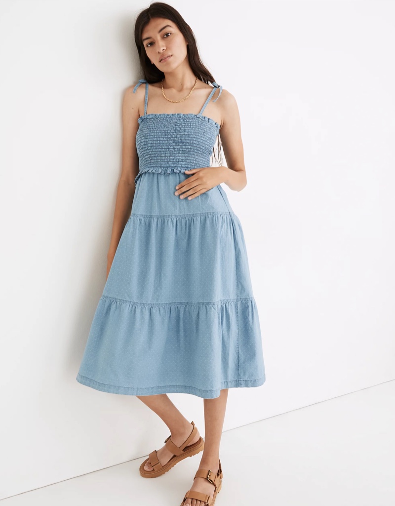 Madewell Denim Lucie Tie-Strap Smocked Midi Dress $118