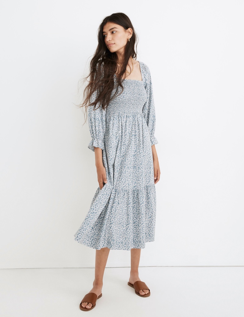 Madewell Lucie Elbow-Sleeve Smocked Midi Dress in Sunflower Field $128