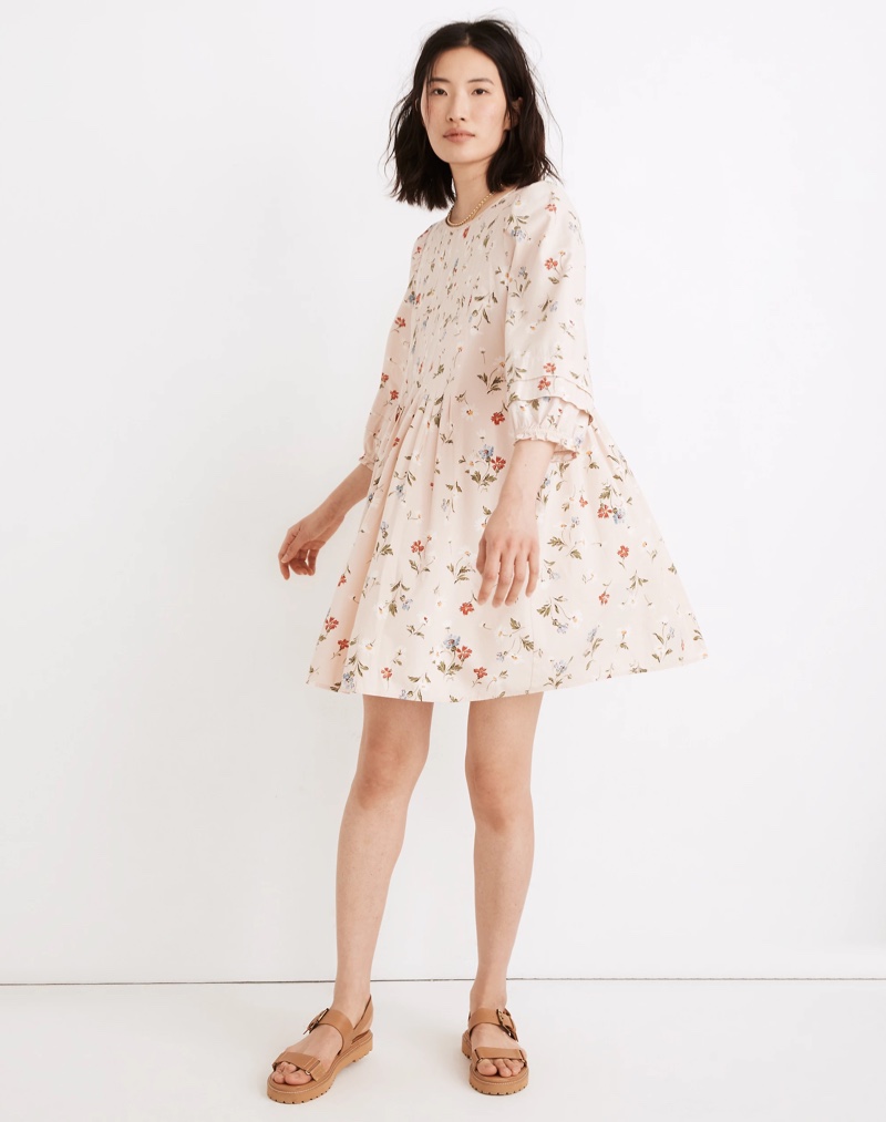 Madewell Pintuck Puff-Sleeve Mini Dress in Seaside Floral $128