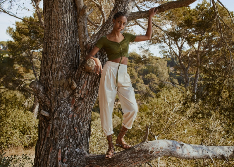 Karly Loyce poses for Mango Committed Effortless spring-summer 2021 collection.