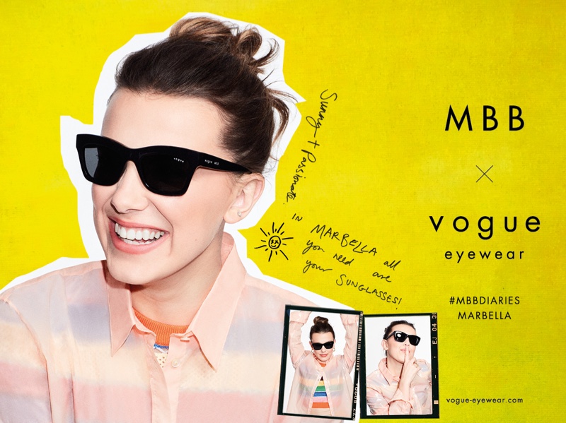 Millie Bobby Brown flashes a smile in MBB x Vogue Eyewear 2021 campaign.