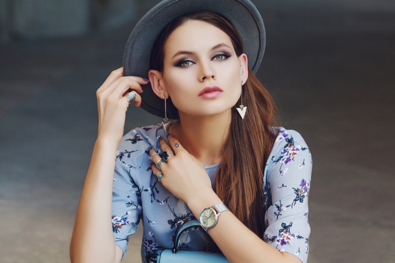 Model Blue Floral Print Top Jewelry Accessories Hat Rings Watch Outfit