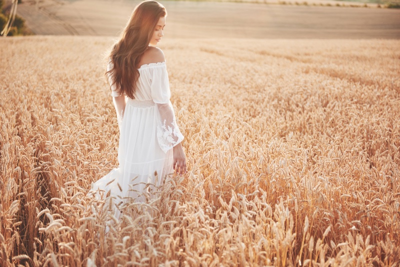 Model White Dress Lace Detail Wheat Field Sun Fashion