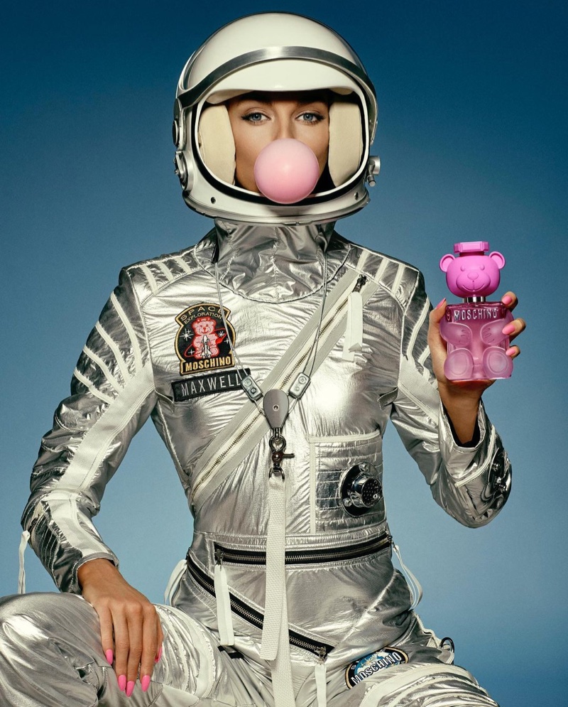 Dressed as an astronaut, model Stella Maxwell fronts Moschino Toy 2 Bubblegum fragrance campaign.