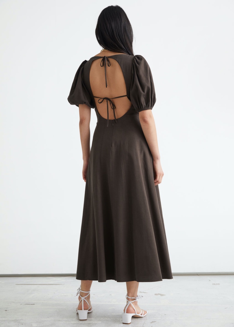 & Other Stories Open Back Puff Sleeve Midi Dress in Brown $129