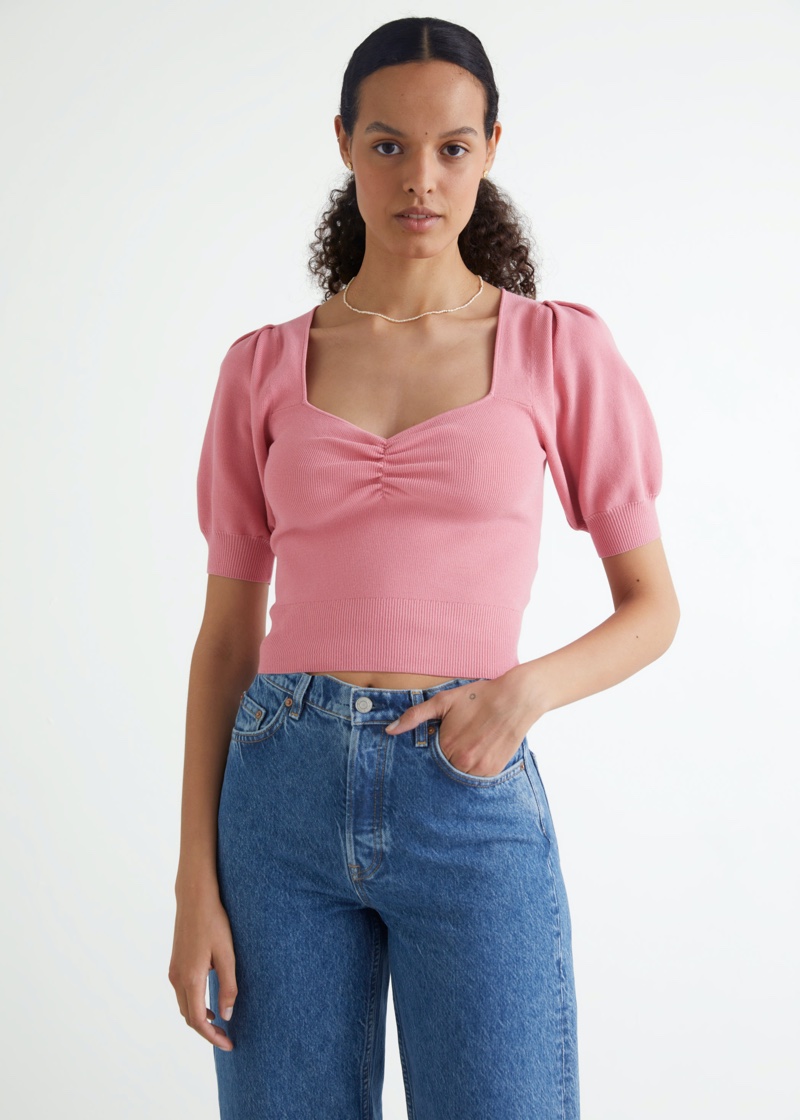 & Other Stories Ribbed Puff Sleeve Crop Top in Pink $69