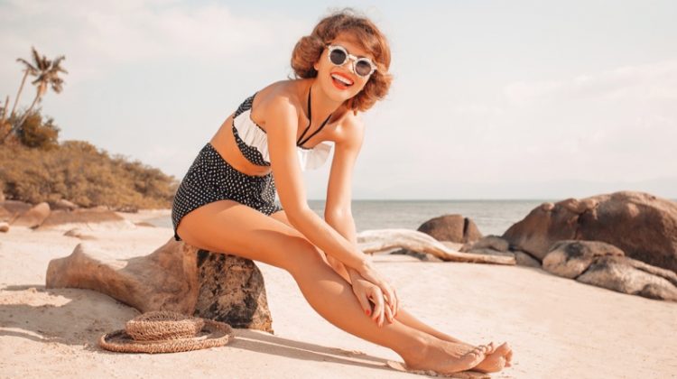 Retro Polka Dot High Waist Swimsuit Model Beach Smiling