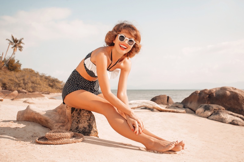 Retro Polka Dot High Waist Swimsuit Model Beach Smiling