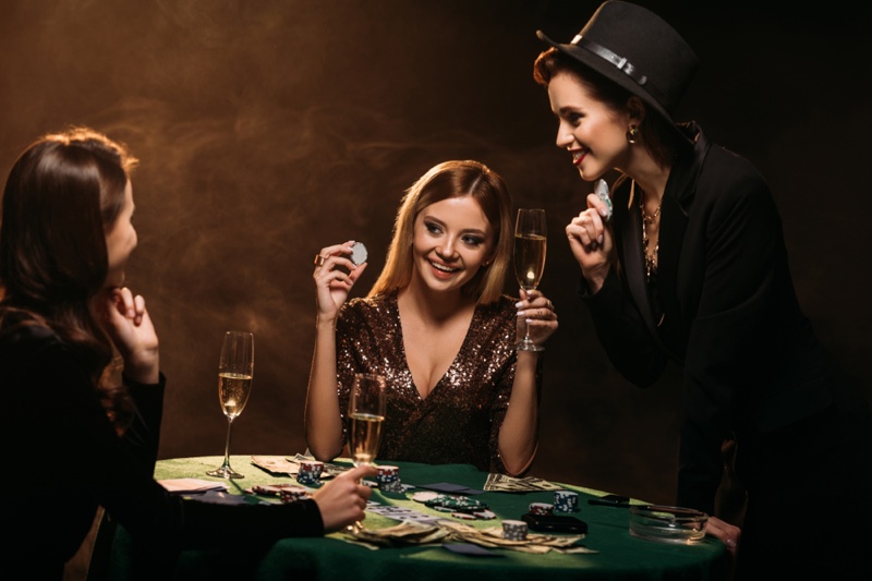 Smiling Woman Playing Cards Table Poker