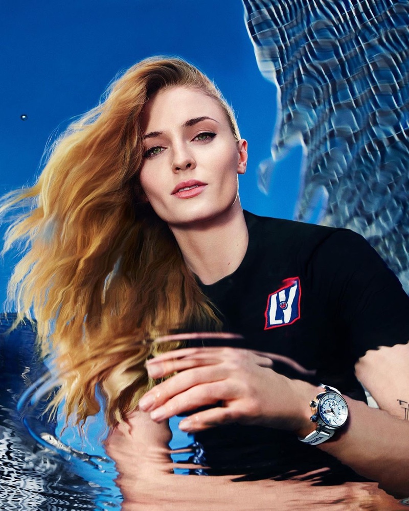 Actress Sophie Turner poses for Louis Vuitton Tambour Street Diver watch campaign.